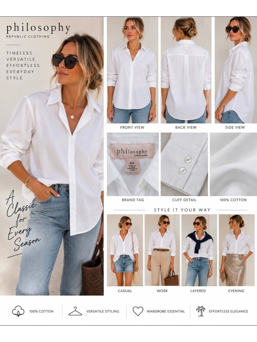 Philosophy Republic White Button Down Shirt Women’s M 100% Cotton Oversized